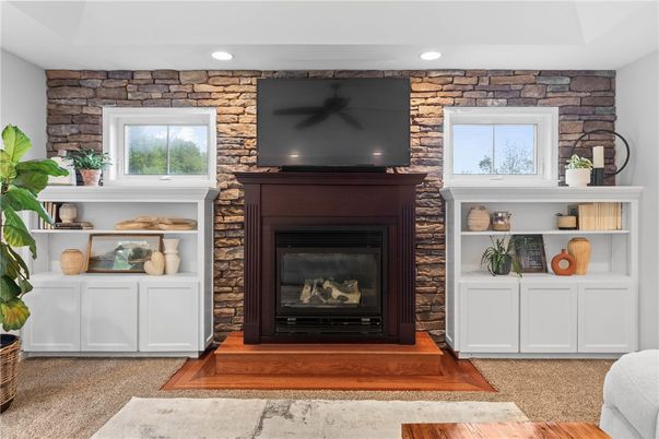 Fireplace, Interior, Recessed Lighting, Stone Walls, Wood Texture Flooring