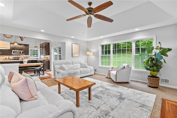 Dining room, Interior, Kitchen, Living room, Pendant Lights, Recessed Lighting, Stainless Steel Appliances, Wood Texture Flooring
