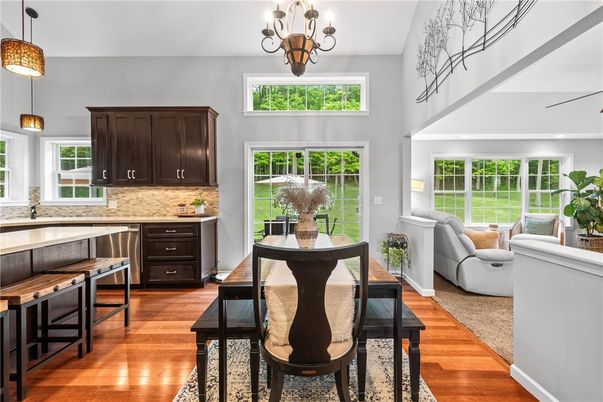 Chandelier, Dining room, Interior, Kitchen, Living room, Pendant Lights, Wood Texture Flooring