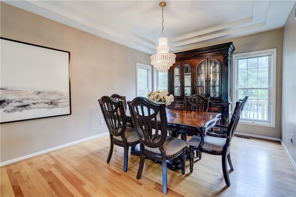 Chandelier, Dining room, Interior, Wood Texture Flooring
