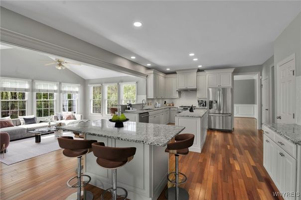Interior, Kitchen, Living room, Recessed Lighting, Stainless Steel Appliances, Wood Texture Flooring