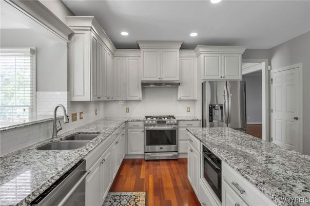 Interior, Kitchen, Recessed Lighting, Stainless Steel Appliances, Wood Texture Flooring
