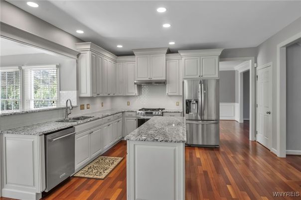 Interior, Kitchen, Recessed Lighting, Stainless Steel Appliances, Wood Texture Flooring