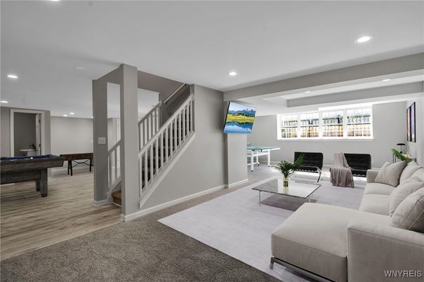 Billiard Table, Fireplace, Game Room, Interior, Living room, Piano, Recessed Lighting, Wood Texture Flooring