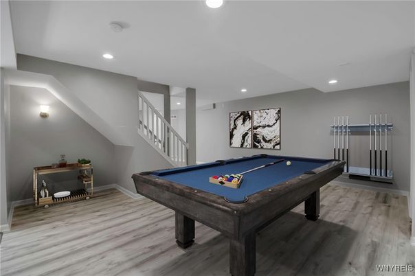 Billiard Table, Game Room, Interior, Recessed Lighting, Wood Texture Flooring