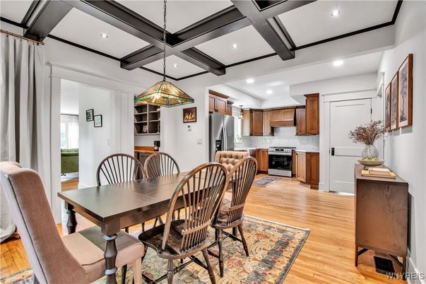Dining room, Interior, Kitchen, Pendant Lights, Recessed Lighting, Stainless Steel Appliances, Wooden Beams, Wood Texture Flooring