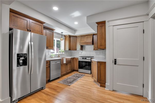 Interior, Kitchen, Pendant Lights, Recessed Lighting, Stainless Steel Appliances, Wood Texture Flooring