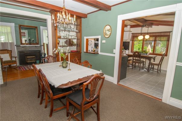 Chandelier, Dining room, Fireplace, Interior, Pendant Lights, Wooden Beams, Wood Texture Flooring