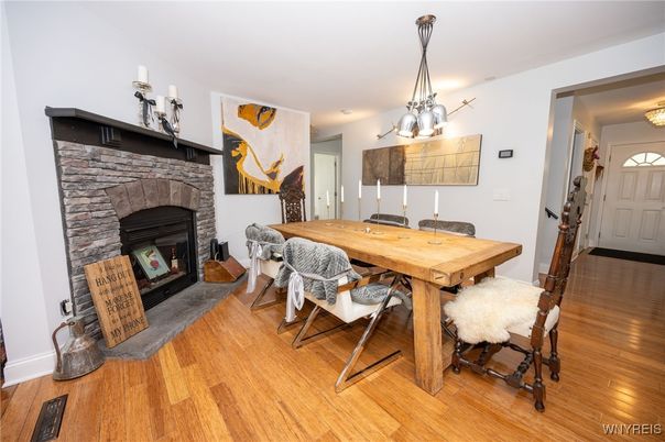 Chandelier, Dining room, Fireplace, Interior, Wood Texture Flooring