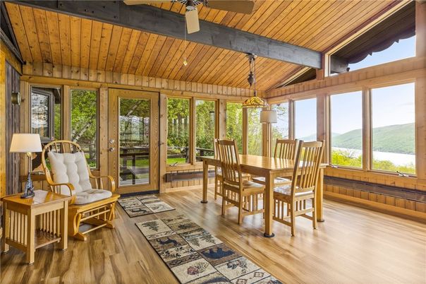 Dining room, Interior, Pendant Lights, Sun Room, Wooden Beams, Wooden Ceilings, Wood Texture Flooring