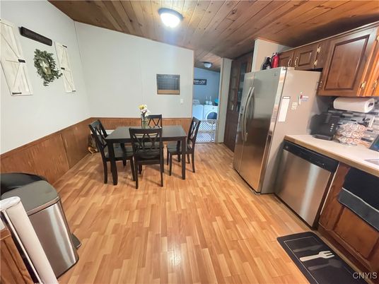 Dining room, Interior, Kitchen, Stainless Steel Appliances, Wooden Ceilings, Wood Texture Flooring