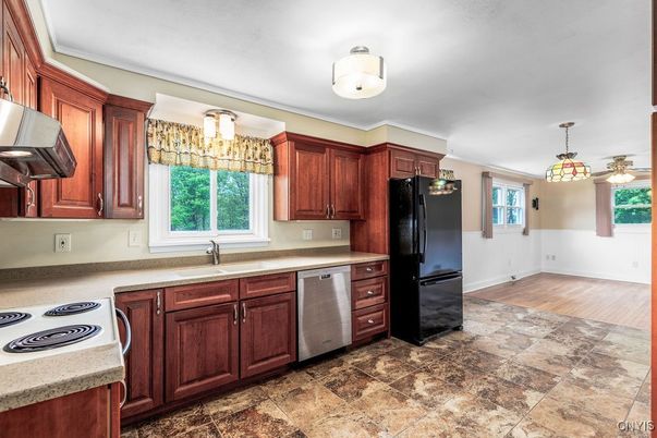 Interior, Kitchen, Pendant Lights, Stainless Steel Appliances, Wood Texture Flooring