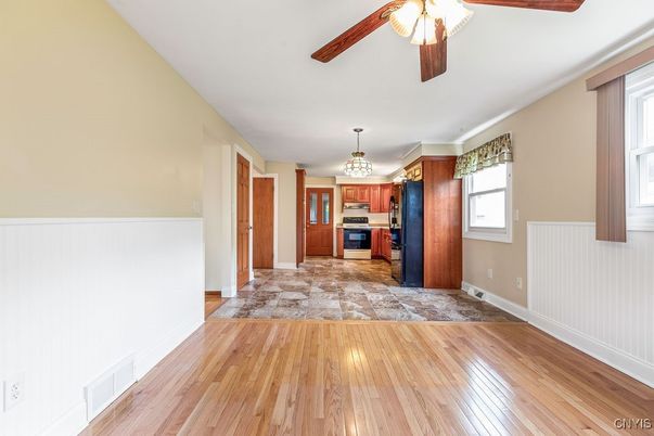 Chandelier, Empty room, Interior, Kitchen, Stainless Steel Appliances, Wood Texture Flooring