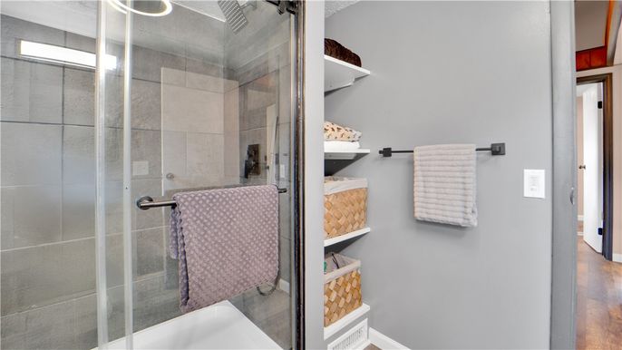 Bathroom, Glass Shower, Interior, Wood Texture Flooring