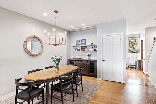 Chandelier, Dining room, Interior, Recessed Lighting, Wood Texture Flooring