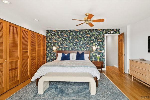 Bedroom, Interior, Recessed Lighting, Wood Texture Flooring