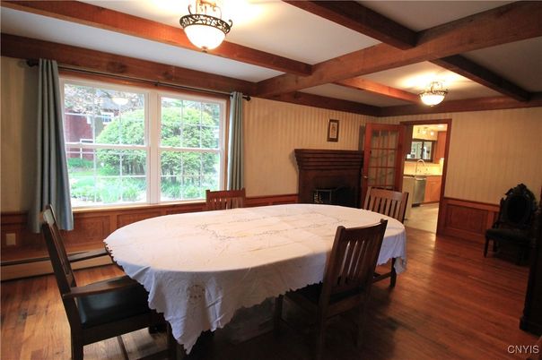 Dining room, Fireplace, Interior, Wooden Beams, Wood Texture Flooring