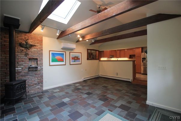 Empty room, Fireplace, Interior, Kitchen, Stone Walls, Wooden Beams