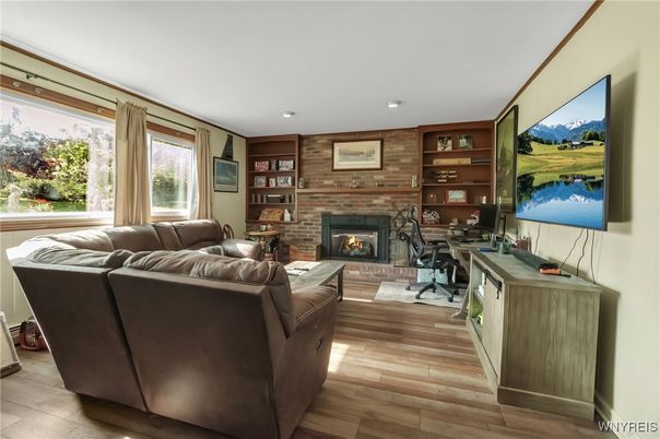 Fireplace, Home Office, Interior, Living room, Recessed Lighting, Wood Texture Flooring, Wooden Walls