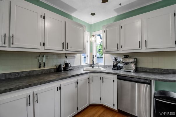 Interior, Kitchen, Pendant Lights, Stainless Steel Appliances, Wood Texture Flooring