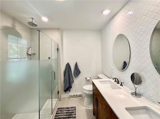 Bathroom, Dual Sink Vanities, Glass Shower, Interior, Recessed Lighting