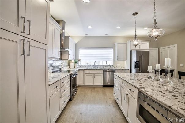 Interior, Kitchen, Pendant Lights, Recessed Lighting, Stainless Steel Appliances, Wood Texture Flooring