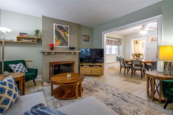 Dining room, Fireplace, Interior, Living room, Wood Texture Flooring