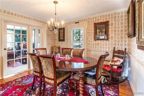 Chandelier, Dining room, Interior, Wood Texture Flooring