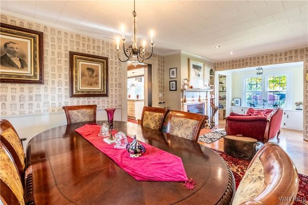 Chandelier, Dining room, Fireplace, Interior, Living room, Recessed Lighting, Wood Texture Flooring