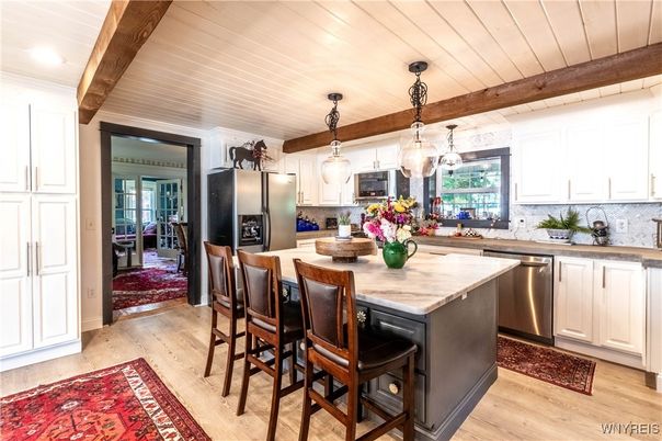 Interior, Kitchen, Pendant Lights, Recessed Lighting, Stainless Steel Appliances, Wooden Beams, Wooden Ceilings, Wood Texture Flooring