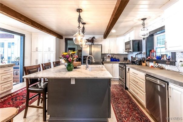 Interior, Kitchen, Pendant Lights, Recessed Lighting, Stainless Steel Appliances, Wooden Beams