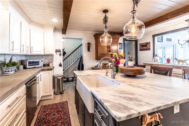 Interior, Kitchen, Pendant Lights, Recessed Lighting, Stainless Steel Appliances, Wooden Beams, Wooden Ceilings, Wood Texture Flooring