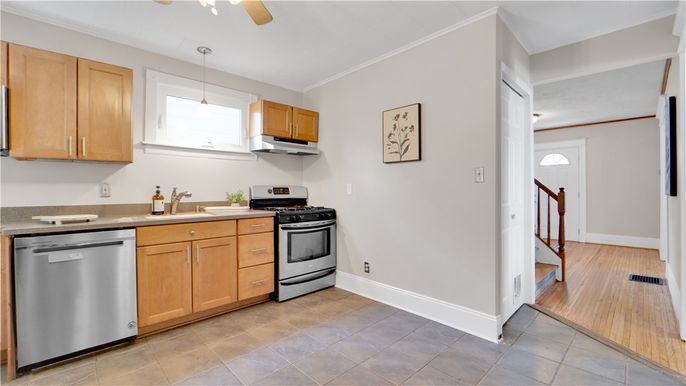 Interior, Kitchen, Pendant Lights, Stainless Steel Appliances, Wood Texture Flooring