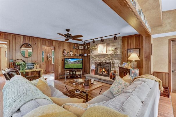 Fireplace, Interior, Living room, Stone Walls, Wood Texture Flooring, Wooden Walls