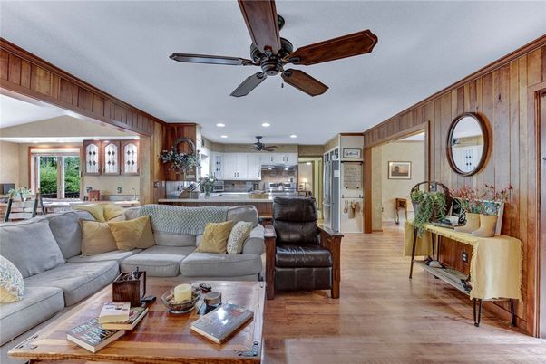 Interior, Kitchen, Living room, Recessed Lighting, Stainless Steel Appliances, Wood Texture Flooring, Wooden Walls