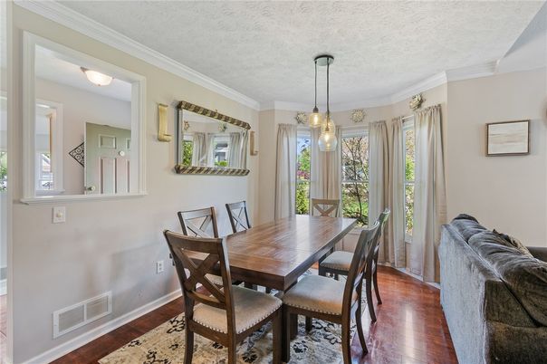 Dining room, Interior, Pendant Lights, Wood Texture Flooring