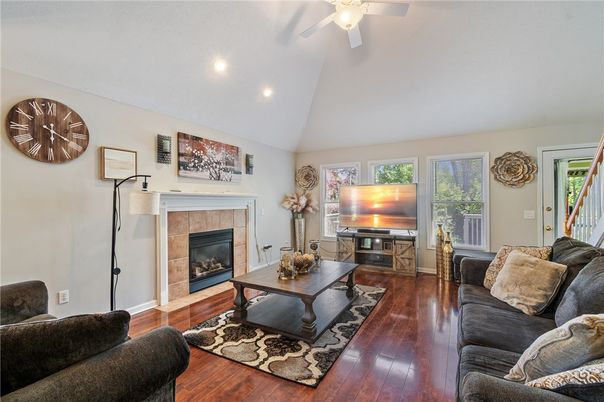 Fireplace, Interior, Living room, Recessed Lighting, Wood Texture Flooring