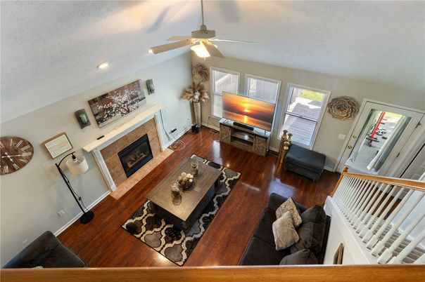Fireplace, Interior, Living room, Recessed Lighting, Wood Texture Flooring
