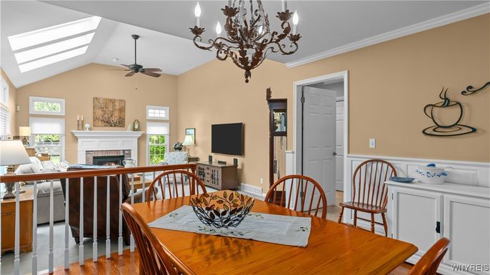 Chandelier, Dining room, Fireplace, Interior