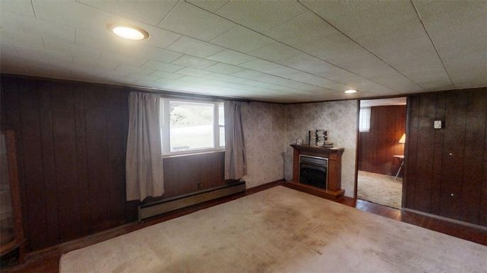 Empty room, Fireplace, Interior, Recessed Lighting, Wooden Walls