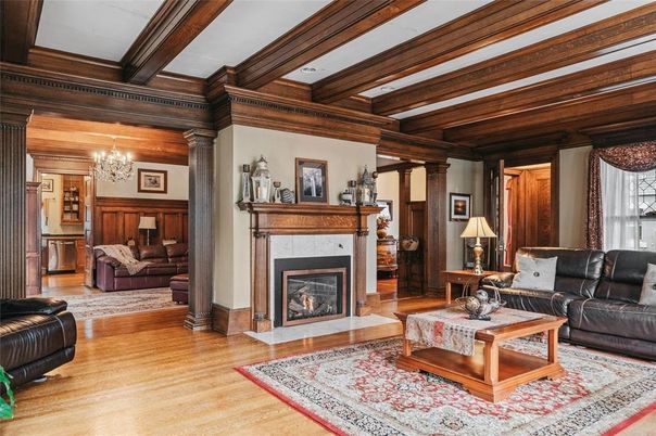 Chandelier, Fireplace, Interior, Living room, Wooden Beams, Wood Texture Flooring, Wooden Walls