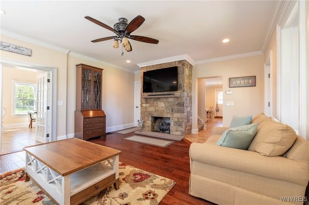Fireplace, Interior, Living room, Recessed Lighting, Wood Texture Flooring