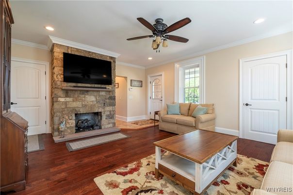 Fireplace, Interior, Living room, Recessed Lighting, Wood Texture Flooring