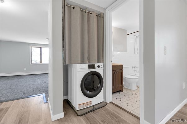 Bathroom, Interior, Washer, Wood Texture Flooring