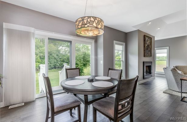 Dining room, Fireplace, Interior, Pendant Lights, Recessed Lighting, Wood Texture Flooring