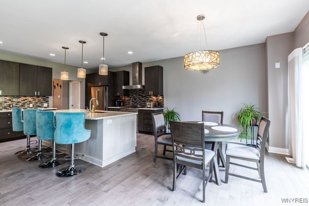 Dining room, Interior, Kitchen, Pendant Lights, Recessed Lighting, Wood Texture Flooring