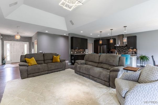 Interior, Kitchen, Living room, Pendant Lights, Recessed Lighting, Stainless Steel Appliances, Wood Texture Flooring