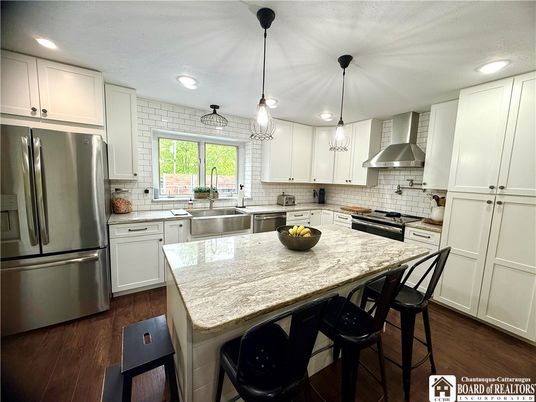 Interior, Kitchen, Pendant Lights, Recessed Lighting, Stainless Steel Appliances, Wood Texture Flooring