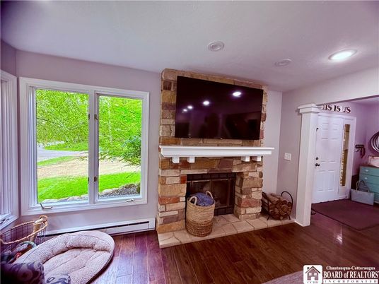 Fireplace, Interior, Recessed Lighting, Wood Texture Flooring