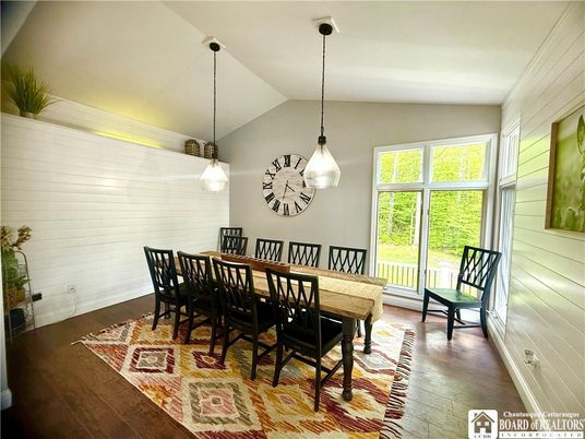 Dining room, Interior, Pendant Lights, Wood Texture Flooring